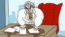 a cartoon drawing of a man sitting at a desk with papers on it
