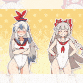 a cartoon of a girl in a white swimsuit with a red bow