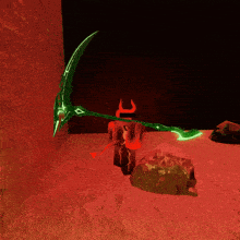 a glowing green sword with a cross on it