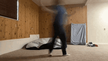 a blurry image of a person walking on a bed