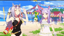 two anime girls are standing next to each other on the beach .