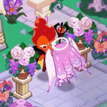 a cartoon character with wings and a sword is standing in a garden surrounded by flowers