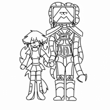 a black and white drawing of a man and a girl standing next to each other .