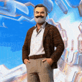 a man with a beard and mustache is standing with his hands in his pockets in front of a blue sky