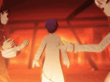 a cartoon character with purple hair is being held by two people