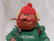a cartoon character with a beard and mustache is wearing a red hat and holding a hammer .