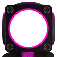 a pink circle is surrounded by speakers and a white background