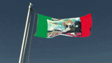 a flag with a picture of a man and the words " forza shokunin " on it
