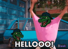 a man in a pink shirt says hellooo