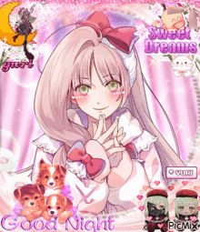 a girl with a bow on her head is surrounded by puppies and says good night
