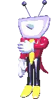 a pixel art of a robot with a purple box on its head and yellow boots .