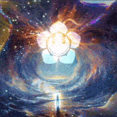 a painting of a person standing in front of a glowing flower