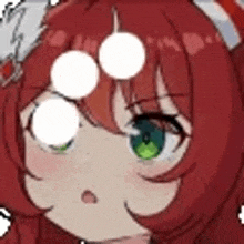 a close up of a red haired anime girl with green eyes and glasses .
