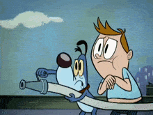 a cartoon dog is holding a fire hose next to a man