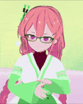 a girl with pink hair and glasses is wearing a green kimono