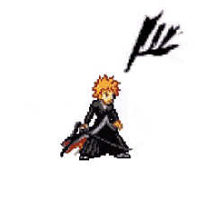 a pixel art of a person holding a sword in front of a monster .
