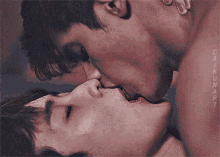 a couple of men are kissing each other in a painting by dai kun art .