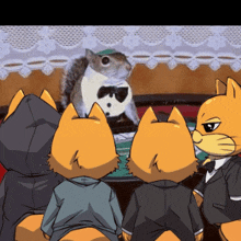 a group of cartoon cats are watching a squirrel wearing a tuxedo