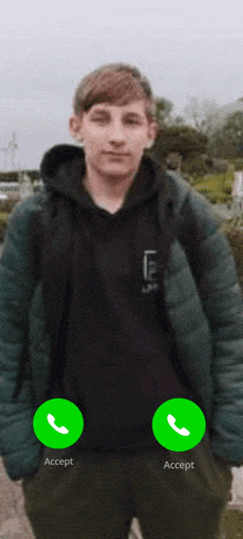 a young man in a green jacket is being called