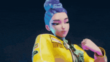 a cartoon character with purple hair and a yellow jacket that says ' nutter ' on it