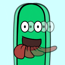 a cartoon drawing of a green object with a tongue sticking out and a face that says 00:00