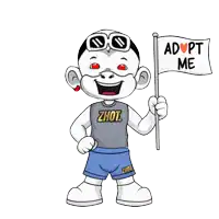 a cartoon character with adopt me written on a flag