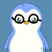 a blue and white penguin wearing glasses and the word pengu on the bottom