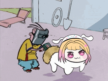 a cartoon of a man wearing a welding helmet standing next to a cartoon character