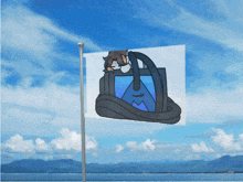 a flag with a drawing of a person in a bag on it
