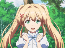 a girl with blonde hair and green eyes has a red cross on her head