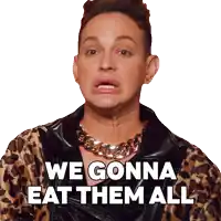 a man wearing a leopard print jacket and chain necklace says we gonna eat them all