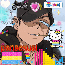 a cartoon of a man smoking a cigarette with a hello kitty behind him
