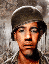 a man wearing a helmet is looking at the camera with soldiers in the background