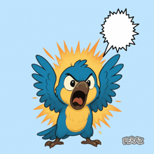 a cartoon drawing of a blue and yellow parrot with a speech bubble above it