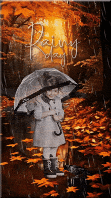 a little girl holding an umbrella in the rain with the words " rainy day " written on the bottom