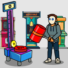 a cartoon of a man holding a hammer in front of a machine that says boxing