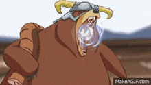 a cartoon of a bear wearing a helmet with horns and a purple bubble coming out of its mouth .