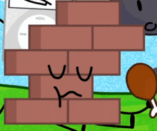 a brick wall has a face drawn on it and a menu box in the background