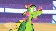 a cartoon dinosaur with cupcakes on his head