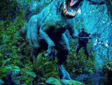 a man with a sniper rifle stands next to a large dinosaur