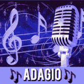 a poster for adagio with a microphone and musical notes