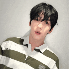 a young man wearing a green and white striped shirt has tiktok written on his face