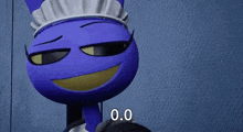 a blue cartoon cat wearing a maid hat and sunglasses is talking .