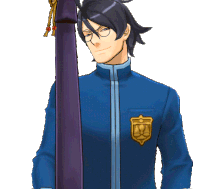 a man wearing glasses and a blue jacket has a gold emblem on his chest
