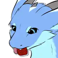 a drawing of a blue cat with a strawberry in its mouth