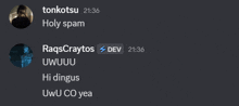 a screenshot of a discord conversation between tonkotsu and ragscraytos