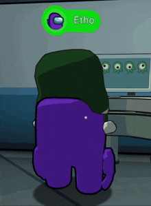 a purple among us character named etho is standing in a room