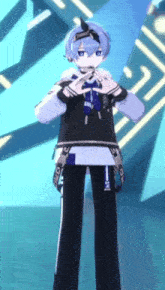 a cartoon character is standing in front of a blue background and making a peace sign .