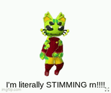 a stuffed cat is dancing with the words i 'm literally stirring rn !!!