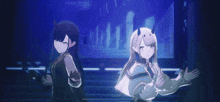 two anime characters standing next to each other in a dark room
